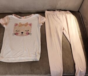 Girls' Light Pink Cat Graphic Pajama Set with Bow Detail